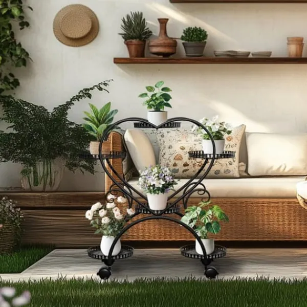 Plantestativer^Planteholder - Blomsterstander - Med hjul - 6 niveauer til krukker - Metal - Indendørs & udendørs - Hjerteformet design - Samles - Sort