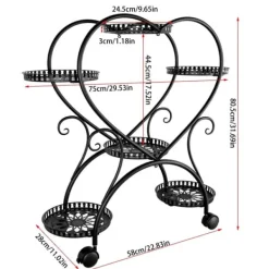 Plantestativer^Planteholder - Blomsterstander - Med hjul - 6 niveauer til krukker - Metal - Indendørs & udendørs - Hjerteformet design - Samles - Sort