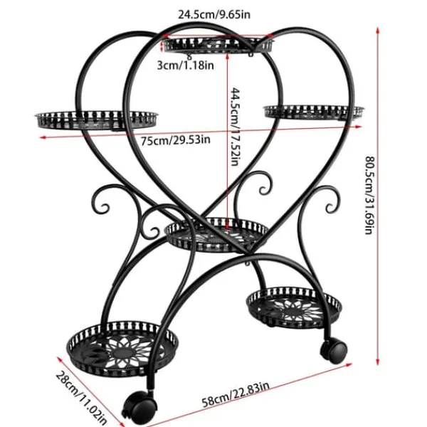 Plantestativer^Planteholder - Blomsterstander - Med hjul - 6 niveauer til krukker - Metal - Indendørs & udendørs - Hjerteformet design - Samles - Sort