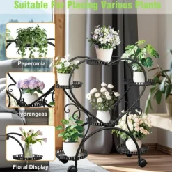 Plantestativer^Planteholder - Blomsterstander - Med hjul - 6 niveauer til krukker - Metal - Indendørs & udendørs - Hjerteformet design - Samles - Sort