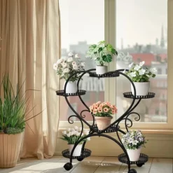 Plantestativer^Planteholder - Blomsterstander - Med hjul - 6 niveauer til krukker - Metal - Indendørs & udendørs - Hjerteformet design - Samles - Sort