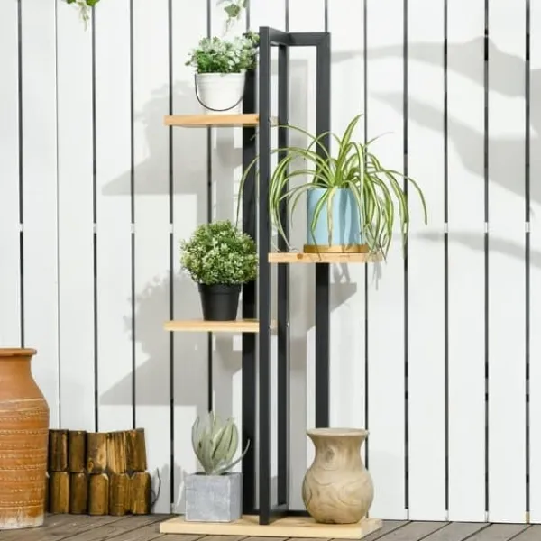 Discount Planteholder 4 niveauer justerbar 110 cm træ sort/natur til inde/ude Plantestativer