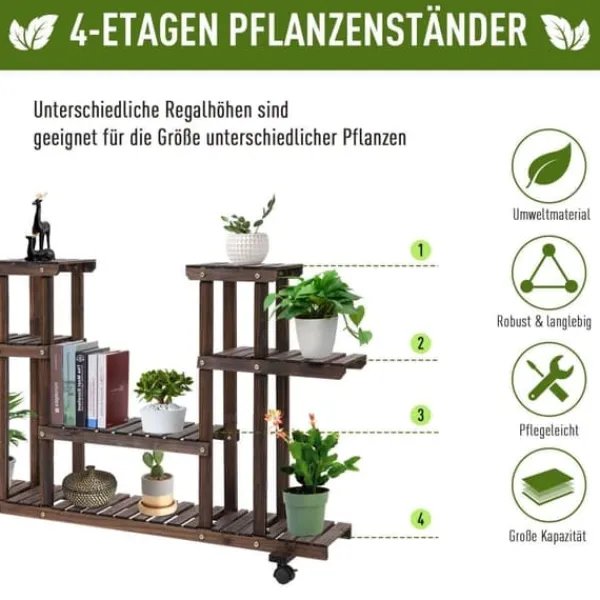 Plantestativer^Planteholder 4 niveauer massivt forkullet træ 123,5x33x80 cm have/altan