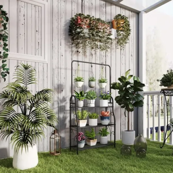 Clearance Planteholder 3 niveauer med bøjlestang og kroge 137 cm metal sort Plantestativer