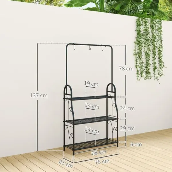 Clearance Planteholder 3 niveauer med bøjlestang og kroge 137 cm metal sort Plantestativer