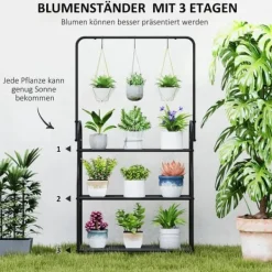 Clearance Planteholder 3 niveauer med bøjlestang og kroge 137 cm metal sort Plantestativer