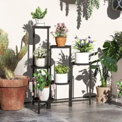 Planteholder 6 niveauer med bakker sammenklappelig 80 cm metal sort Plantestativer