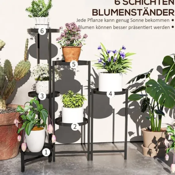 Planteholder 6 niveauer med bakker sammenklappelig 80 cm metal sort Plantestativer
