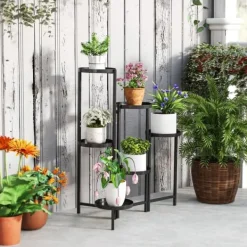 Planteholder 6 niveauer med bakker sammenklappelig 80 cm metal sort Plantestativer