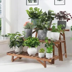 Plantestativer^Planteholder - Stigehylde - 3 Niveauer - Træ - Indendørs/Udendørs - Montering Påkrævet - Brun