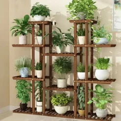 Clearance Planteholder i træ - Blomsterhylde - 11 niveauer - Karboniseret træ - Ekstra bred - Til potter - Inde/ude - Selvmontering - Brun Plantestativer