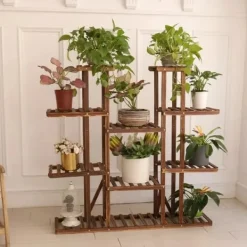 Clearance Planteholder i træ - Blomsterhylde - 11 niveauer - Karboniseret træ - Ekstra bred - Til potter - Inde/ude - Selvmontering - Brun Plantestativer