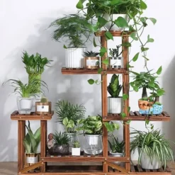 New Planteholder i træ - Hjørnehylde - 5 niveauer - Indendørs/udendørs - Til blomsterkrukker - Beige Plantestativer