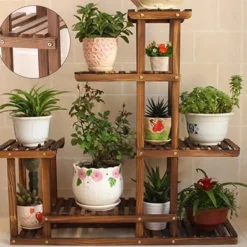New Planteholder i træ - Hjørnehylde - 5 niveauer - Indendørs/udendørs - Til blomsterkrukker - Beige Plantestativer
