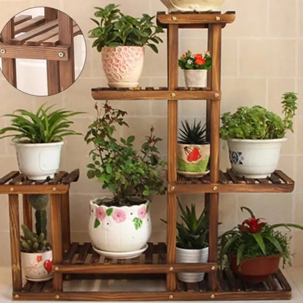 New Planteholder i træ - Hjørnehylde - 5 niveauer - Indendørs/udendørs - Til blomsterkrukker - Beige Plantestativer