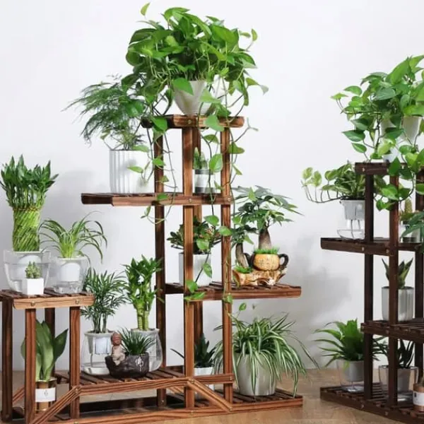 New Planteholder i træ - Hjørnehylde - 5 niveauer - Indendørs/udendørs - Til blomsterkrukker - Beige Plantestativer