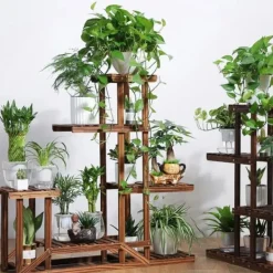 New Planteholder i træ - Hjørnehylde - 5 niveauer - Indendørs/udendørs - Til blomsterkrukker - Beige Plantestativer