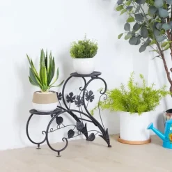 Plantestativer^Planteholder 2-pak - Blomsterhylde - Rustbestandigt metal - Fire niveauer - Inde/ude altan have kontor - Samling - Sort