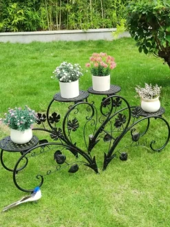 Plantestativer^Planteholder 2-pak - Blomsterhylde - Rustbestandigt metal - Fire niveauer - Inde/ude altan have kontor - Samling - Sort