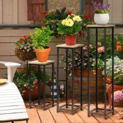 Plantestativer^Planteholder sæt 3-delt blomsterborde & potteholdere stål sort/natur til have/altan