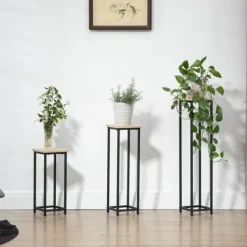 Plantestativer^Planteholder sæt 3-delt blomsterborde & potteholdere stål sort/natur til have/altan