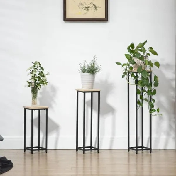 New Planteholder sæt 3-delt blomsterborde & potteholdere stål sort/natur til have/altan Plantestativer