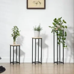 Clearance Planteholder sæt 3-delt blomsterborde & potteholdere stål sort/natur til have/altan Plantestativer