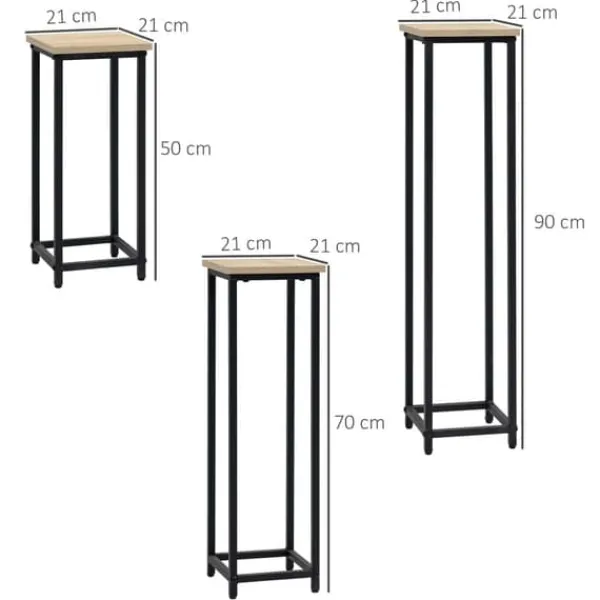 Outlet Planteholder sæt 3-delt blomsterborde & potteholdere stål sort/natur til have/altan Plantestativer