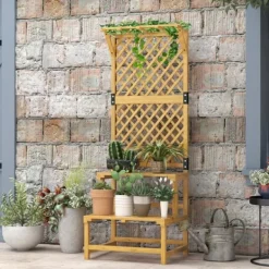 Planteholder træ 2 niveauer med espalier 60x50x166 cm gul til have/terrasse Plantestativer