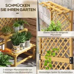 Planteholder træ 2 niveauer med espalier 60x50x166 cm gul til have/terrasse Plantestativer