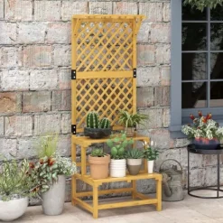 Planteholder træ 2 niveauer med espalier 60x50x166 cm gul til have/terrasse Plantestativer