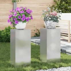 Online Planteholdere i rustfrit stål - Minimalistisk udendørs design | Størrelse: 24x24x55 cm | Farve: Sølv | 2 pcs Plantestativer