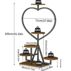 Plantestativer^Plantehylde - Blomsterreol - 5-etagers metal - Hjerteform - Til altan og have - Samling kræves - Sort