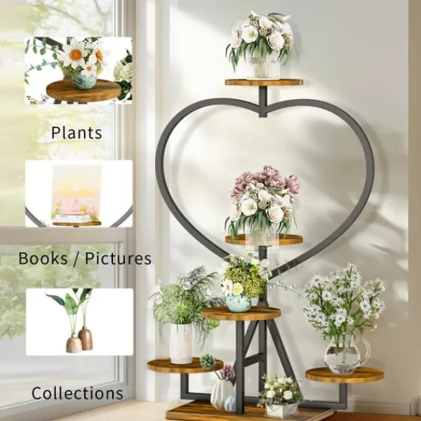 Plantestativer^Plantehylde - Blomsterreol - 5-etagers metal - Hjerteform - Til altan og have - Samling kræves - Sort