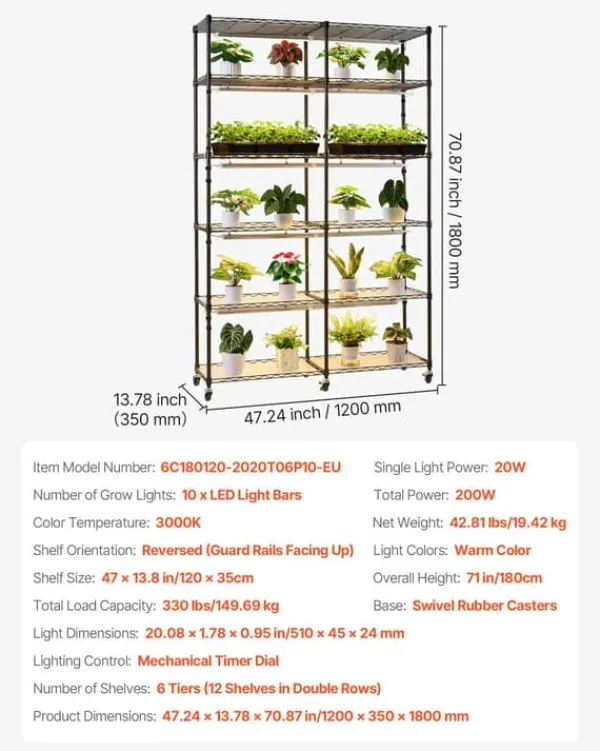 Clearance Plantehylde - 6-etagers Dobbeltrækket Plantestativ - 180 cm Højt - Med Hjul - Timer - 200W Fuldspektrum Vækstlys - Til Indendørs Planter - Frøopstart | CDON Plantestativer