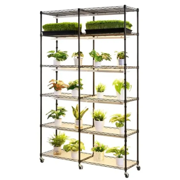 Clearance Plantehylde - 6-etagers Dobbeltrækket Plantestativ - 180 cm Højt - Med Hjul - Timer - 200W Fuldspektrum Vækstlys - Til Indendørs Planter - Frøopstart | CDON Plantestativer