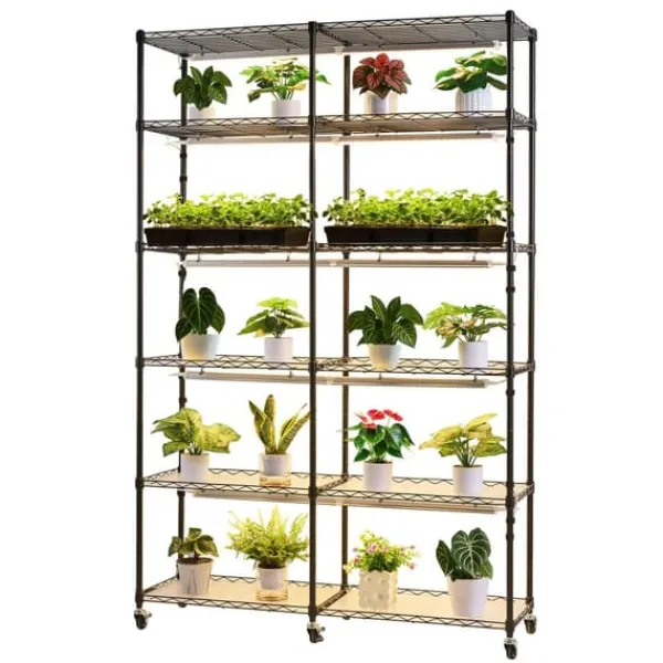 Clearance Plantehylde - 6-etagers Dobbeltrækket Plantestativ - 180 cm Højt - Med Hjul - Timer - 200W Fuldspektrum Vækstlys - Til Indendørs Planter - Frøopstart | CDON Plantestativer