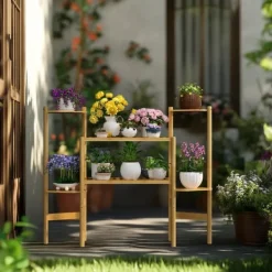 Best Plantehylde - Hjørnestativ i bambus med 6 niveauer - Str. L - Til blomsterkrukker inde/ude - Pladsbesparende - Gul Plantestativer