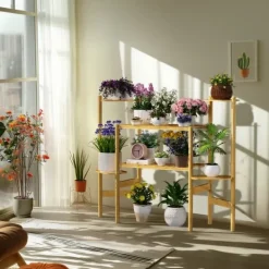 Best Plantehylde - Hjørnestativ i bambus med 6 niveauer - Str. L - Til blomsterkrukker inde/ude - Pladsbesparende - Gul Plantestativer