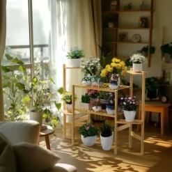 Best Plantehylde - Hjørnestativ i bambus med 6 niveauer - Str. L - Til blomsterkrukker inde/ude - Pladsbesparende - Gul Plantestativer