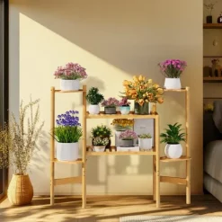 Best Plantehylde - Hjørnestativ i bambus med 6 niveauer - Str. L - Til blomsterkrukker inde/ude - Pladsbesparende - Gul Plantestativer
