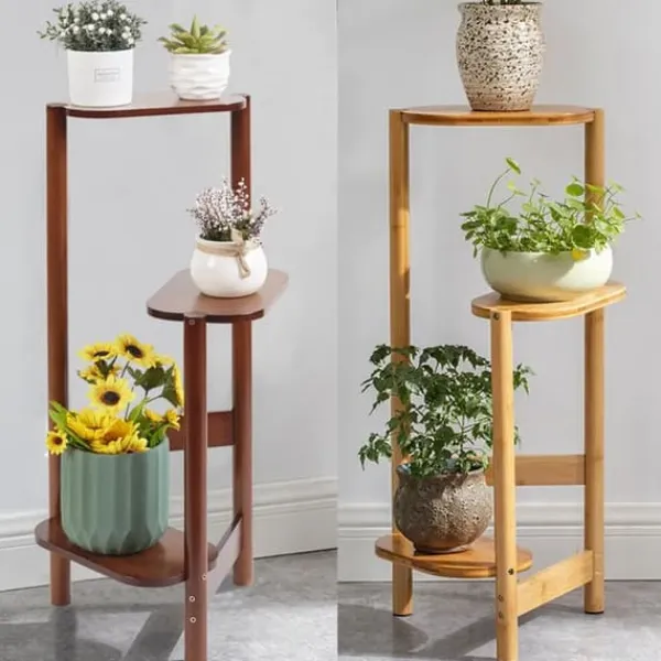 Plantehylde i træ - Hjørnemodel 3 niveauer - Til blomsterkrukker - Inde/ude - Naturligt træ - Brun Plantestativer