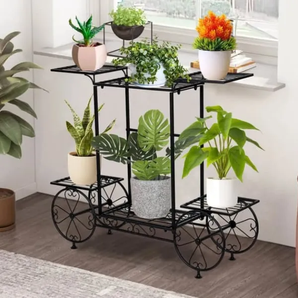 Online Plantehylde i vognstil - Blomsterreol - 6 Niveauer - Metal - Parisisk Stil - Inde/ude - Sort Plantestativer