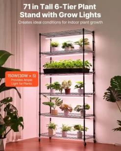New Plantehylde med vækstlampe - 6-lags plantestativ - Højde 180 cm - Hjul - Timer - Vækstlys 150 W 3800K fuldspektrum - Metal stativ - Til frøopstart Plantestativer