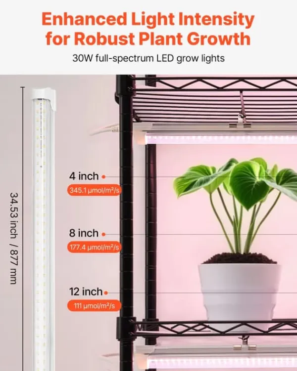 New Plantehylde med vækstlampe - 6-lags plantestativ - Højde 180 cm - Hjul - Timer - Vækstlys 150 W 3800K fuldspektrum - Metal stativ - Til frøopstart Plantestativer