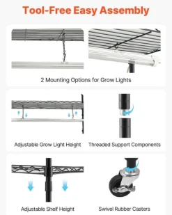 New Plantehylde med vækstlampe - 6-lags plantestativ - Højde 180 cm - Hjul - Timer - Vækstlys 150 W 3800K fuldspektrum - Metal stativ - Til frøopstart Plantestativer