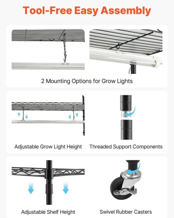 New Plantehylde med vækstlampe - 6-lags plantestativ - Højde 180 cm - Hjul - Timer - Vækstlys 150 W 3800K fuldspektrum - Metal stativ - Til frøopstart Plantestativer