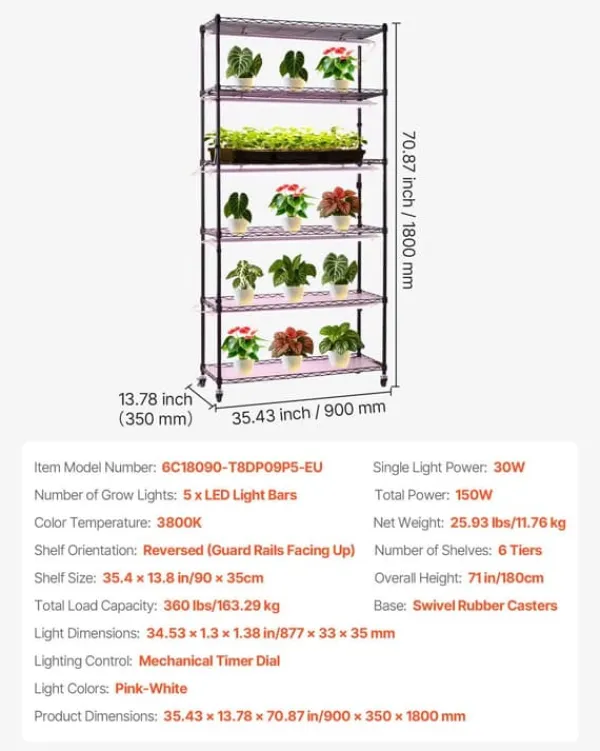New Plantehylde med vækstlampe - 6-lags plantestativ - Højde 180 cm - Hjul - Timer - Vækstlys 150 W 3800K fuldspektrum - Metal stativ - Til frøopstart Plantestativer
