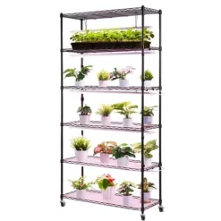 New Plantehylde med vækstlampe - 6-lags plantestativ - Højde 180 cm - Hjul - Timer - Vækstlys 150 W 3800K fuldspektrum - Metal stativ - Til frøopstart Plantestativer