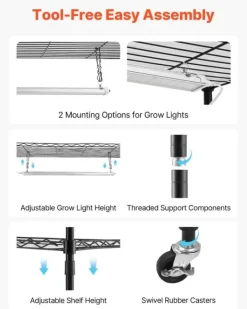 Kit Til Plante- & Urtedyrkning^Plantehylde Med Vækstlampe - Indendørs Plantestativ - 4 Niveauer - 150 cm Højt - Med Hjul - 90 W 3-Farvet Fuldspektrum - Til Frøspiring